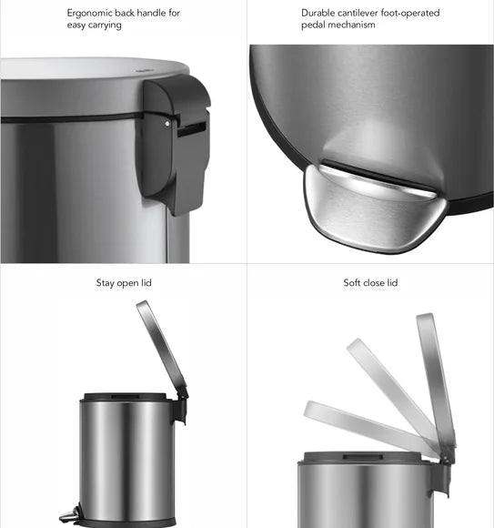 Obsessions Luna Eko 9219 step dustbin, Metallic, closeup of handle, pedal mechanism, stay open and soft close lid
