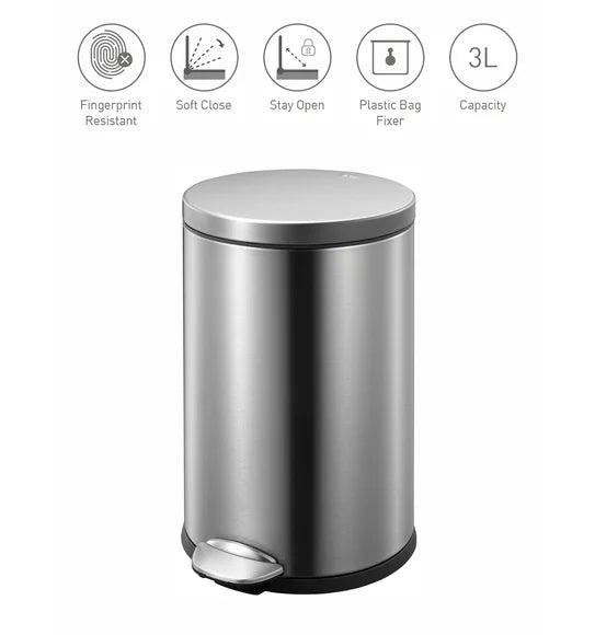 Obsessions Luna Eko 9219 step dustbin, Metallic, feature icons: fingerprint resistant, soft close, stay open, plastic bag fixer, 3L capacity