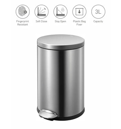 Obsessions Luna Eko 9219 step dustbin, Metallic, feature icons: fingerprint resistant, soft close, stay open, plastic bag fixer, 3L capacity