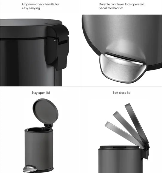 Obsessions Luna Eko 9219 step dustbin, Titanium Grey, closeup of handle, pedal mechanism, stay open and soft close lid