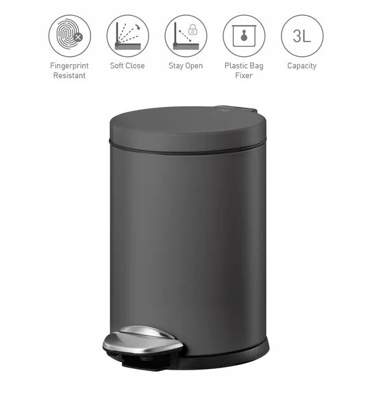 Obsessions Luna Eko 9219 step dustbin, Titanium Grey, feature icons: fingerprint resistant, soft close, stay open, plastic bag fixer, 3L capacity