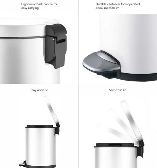 Obsessions Luna Eko 9219 step dustbin, White, closeup of handle, pedal mechanism, stay open and soft close lid