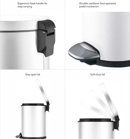 Obsessions Luna Eko 9219 step dustbin, White, closeup of handle, pedal mechanism, stay open and soft close lid
