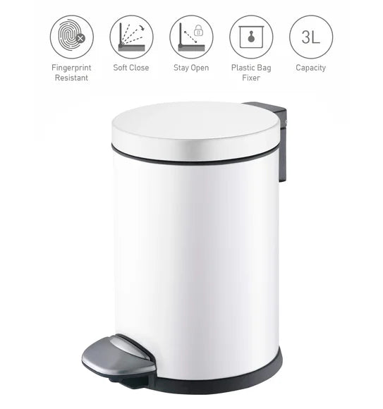 Obsessions Luna Eko 9219 step dustbin, White, feature icons: fingerprint resistant, soft close, stay open, plastic bag fixer, 3L capacity