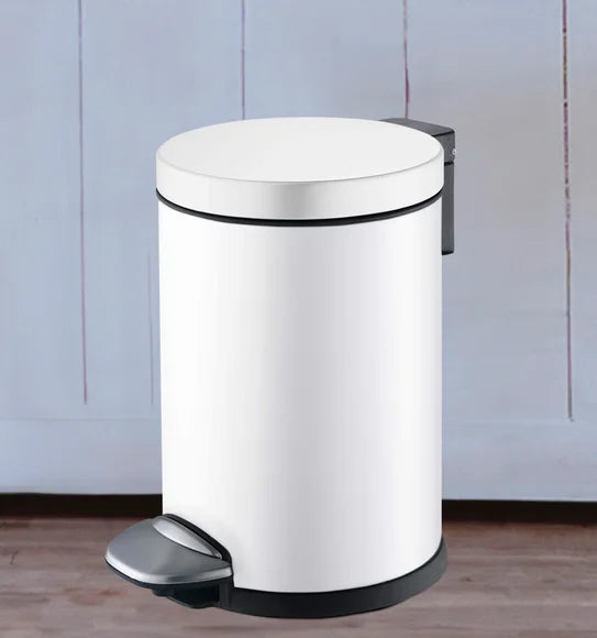 Obsessions Luna Eko 9219 stainless steel step dustbin, White, 3L, angled lifestyle view with pedal