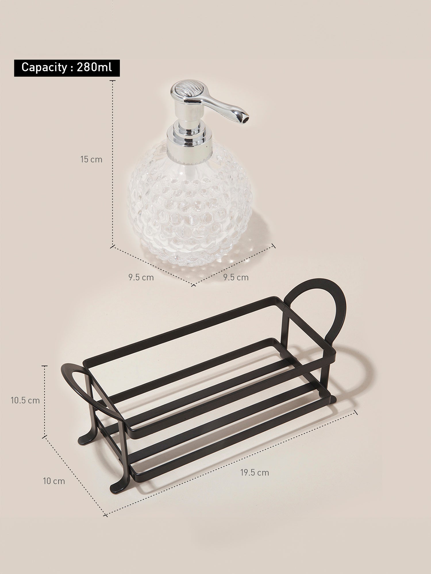 Obsessions prism glass bathroom set twin with a decorative soap dispenser and stylish tray