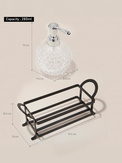 Obsessions prism glass bathroom set twin with a decorative soap dispenser and stylish tray