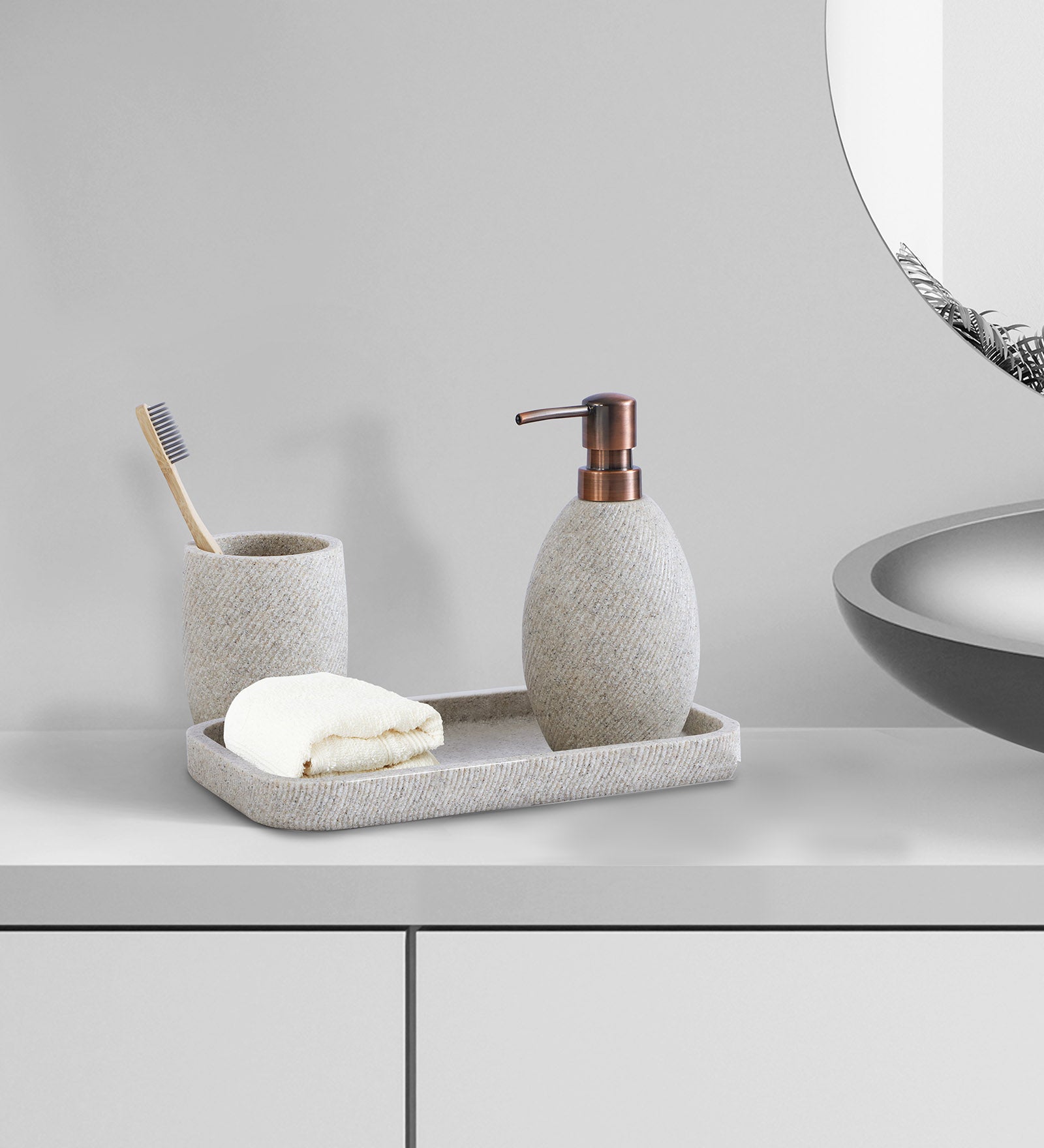 Obsessions Vibe Polyresin 3 pcs Bathroom Set Sandstone with elegant stone design and modern accessories