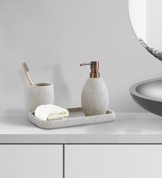 Obsessions Vibe Polyresin 3 pcs Bathroom Set Sandstone with elegant stone design and modern accessories