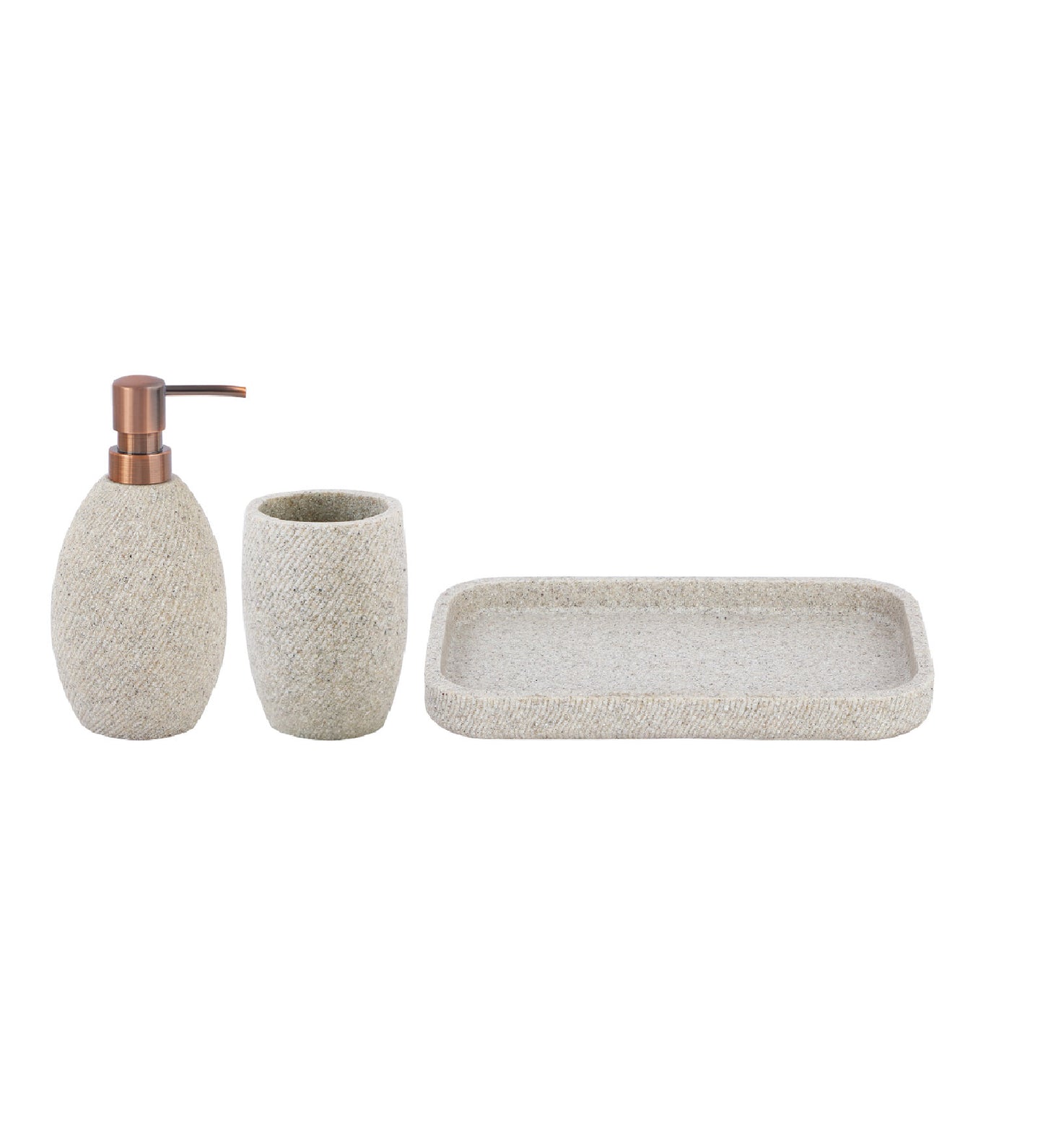 Obsessions Vibe Polyresin 3 pcs Bathroom Set Sandstone with Soap Dispenser, Toothbrush Holder, and Tray