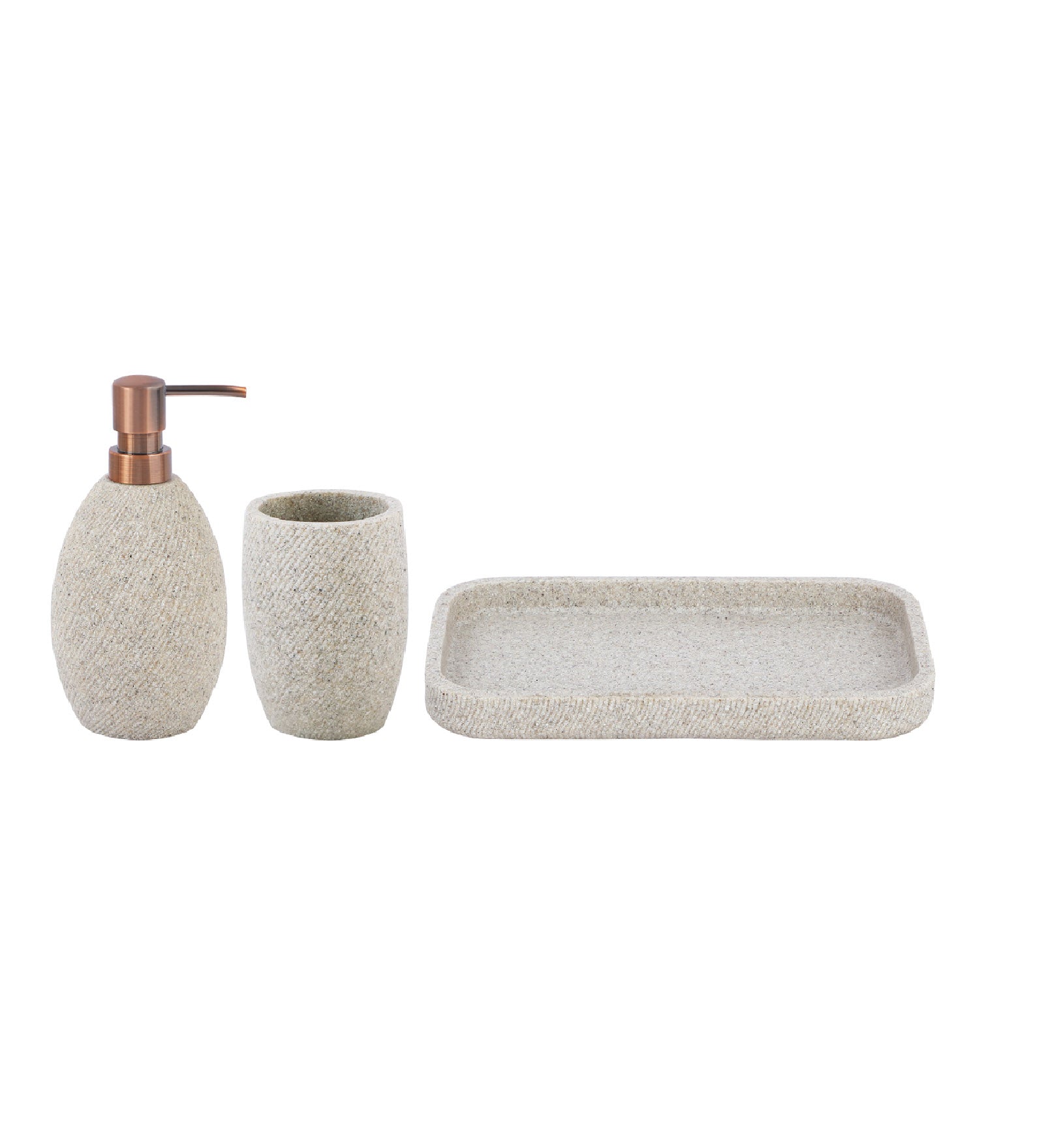 Obsessions Vibe Polyresin 3 pcs Bathroom Set Sandstone with Soap Dispenser, Toothbrush Holder, and Tray