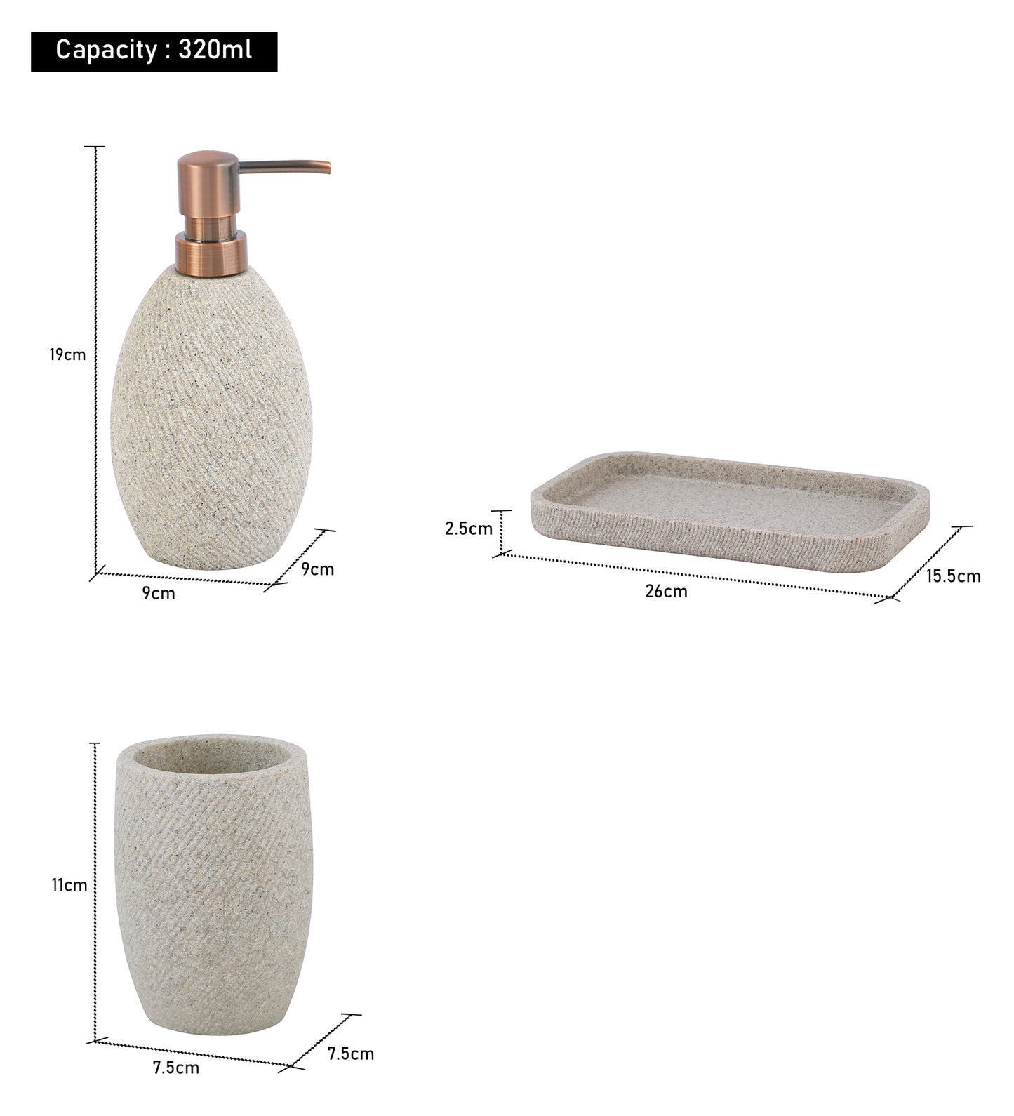 Obsessions Vibe Polyresin 3 pcs Bathroom Set Sandstone includes a soap dispenser, tumbler, and tray