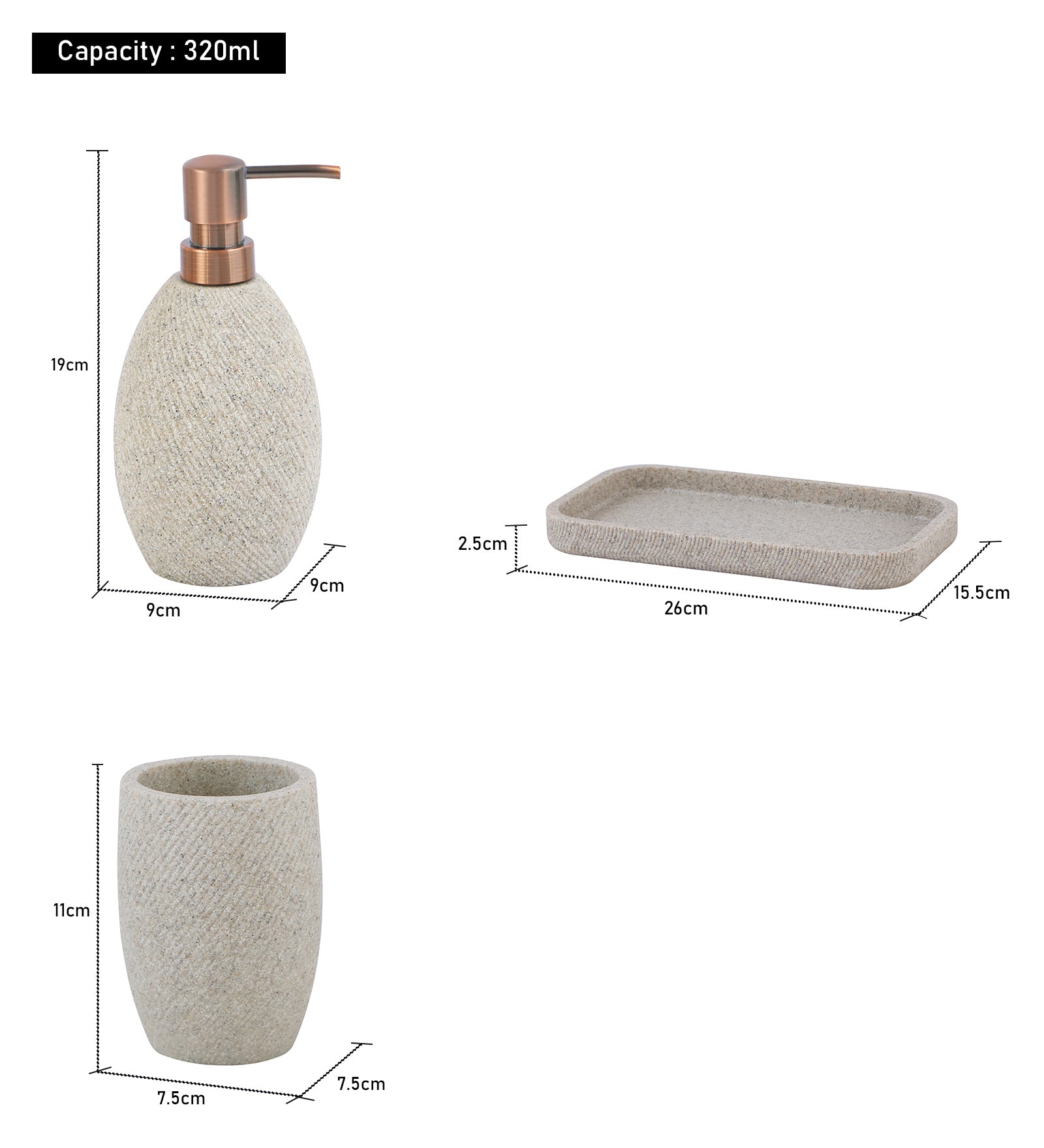 Obsessions Vibe Polyresin 3 pcs Bathroom Set Sandstone includes a soap dispenser, tumbler, and tray