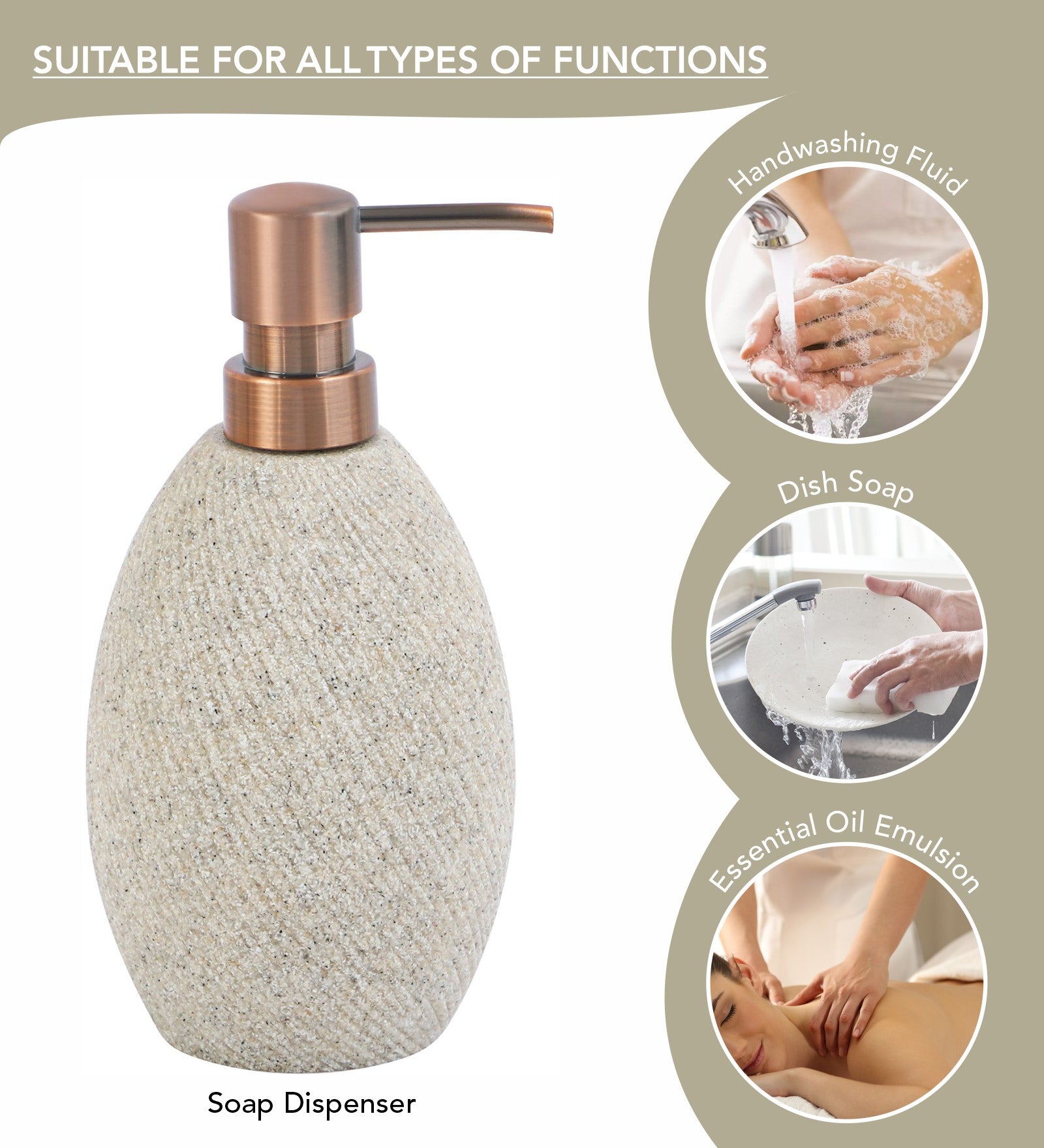 Obsessions Vibe Polyresin 3 pcs Bathroom Set Sandstone Soap Dispenser with Copper Pump for Various Uses