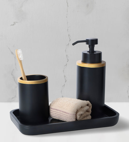 Obsessions Vibe Polyresin 3 pcs Black Bathroom Set with Toothbrush Holder, Soap Dispenser, and Tray