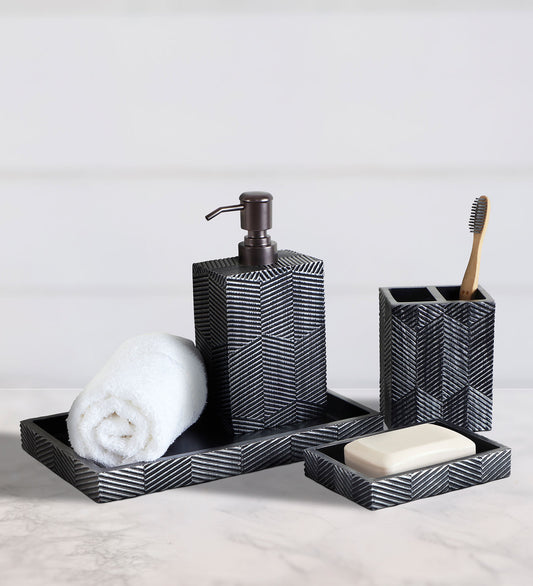 Obsessions Vibe Polyresin 4pcs Bathroom set Grey with geometric design, including soap dispenser and tray