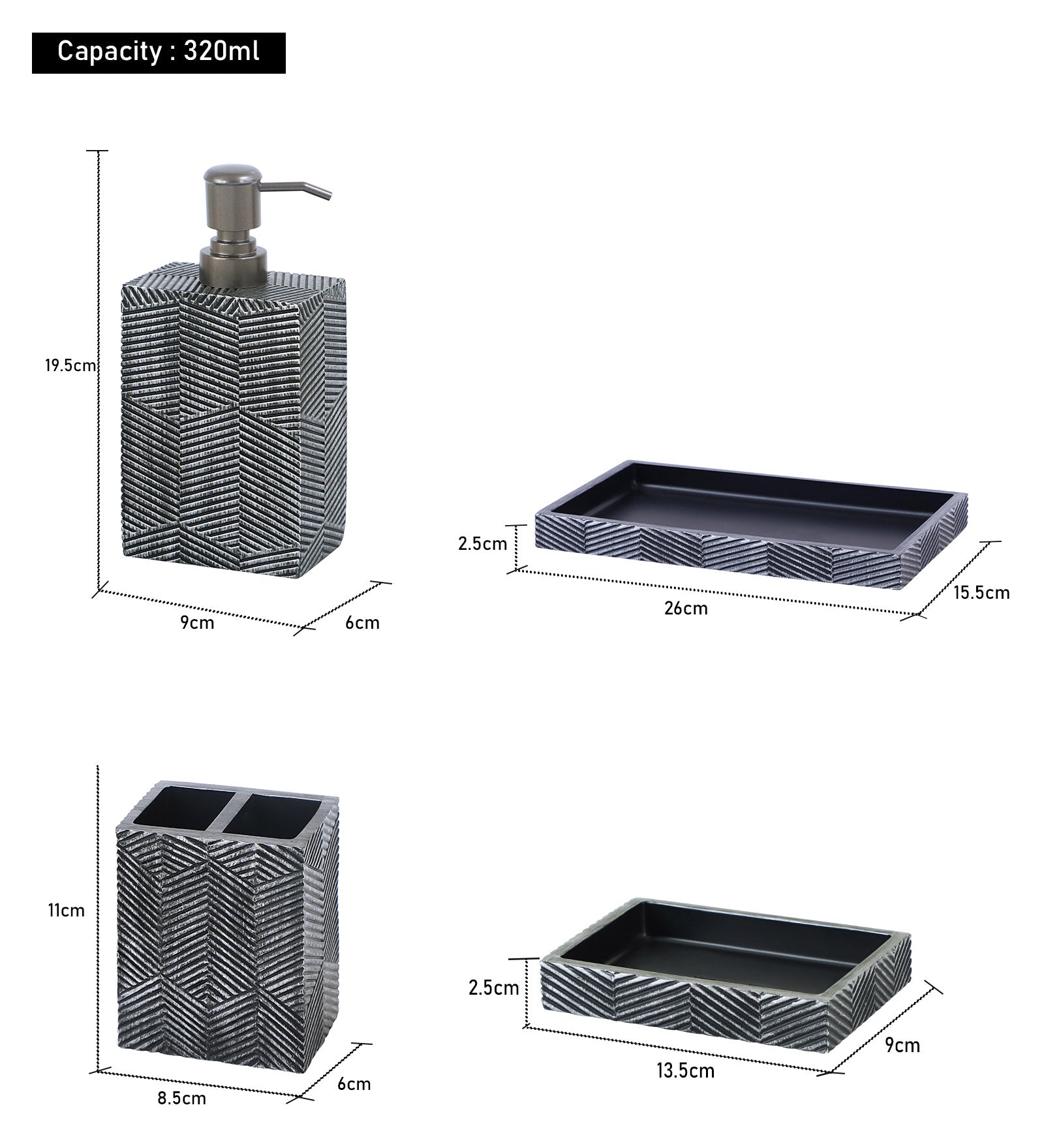 Obsessions Vibe Polyresin 4pcs Bathroom set Grey with soap dispenser, toothbrush holder, and accessory tray