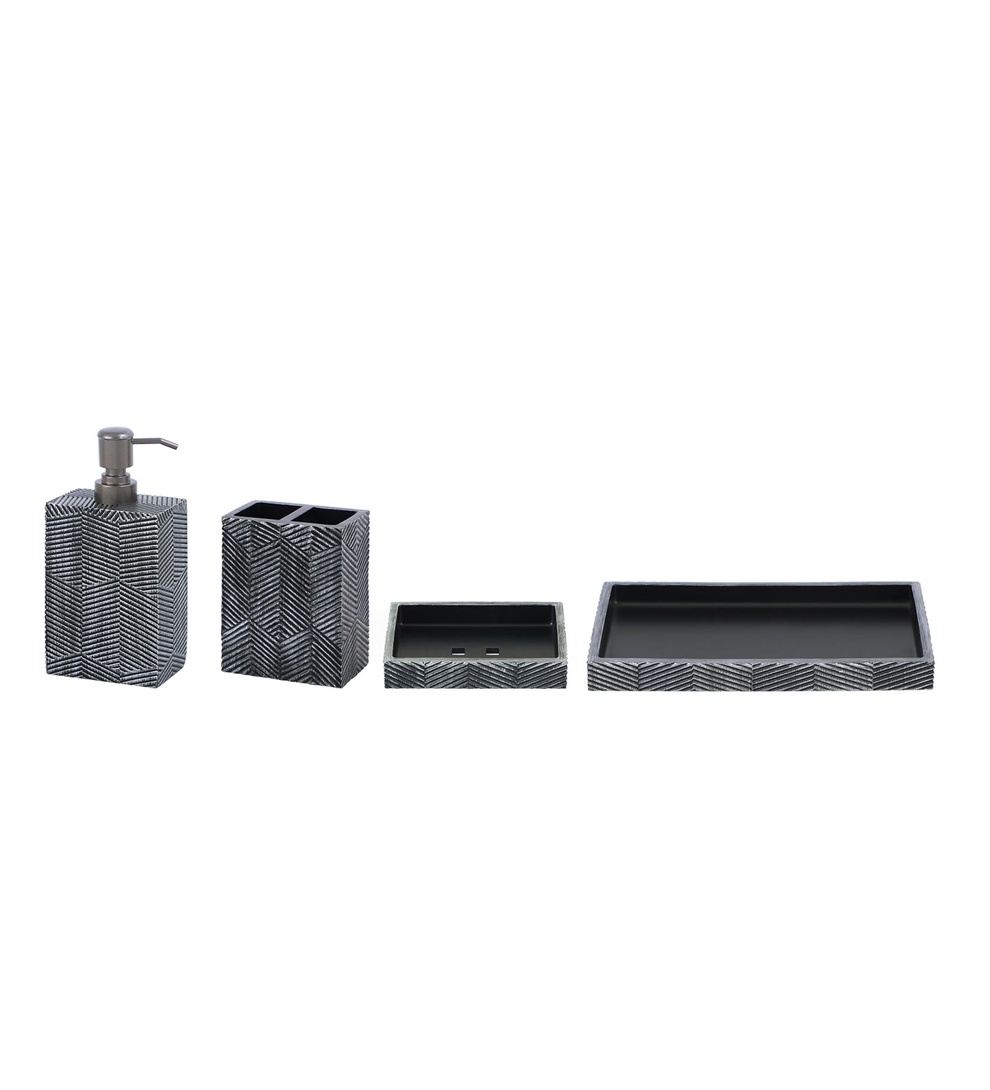 Obsessions Vibe Polyresin 4pcs Bathroom set Grey featuring a soap dispenser, toothbrush holder, tray, and organizer