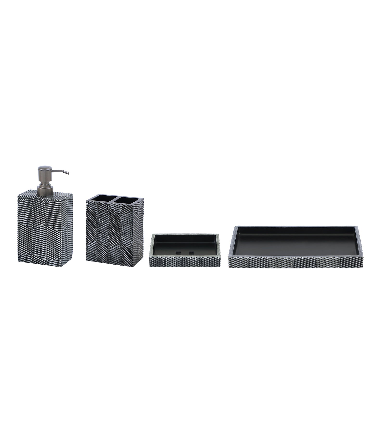 Obsessions Vibe Polyresin 4pcs Bathroom set Grey featuring a soap dispenser, toothbrush holder, tray, and organizer