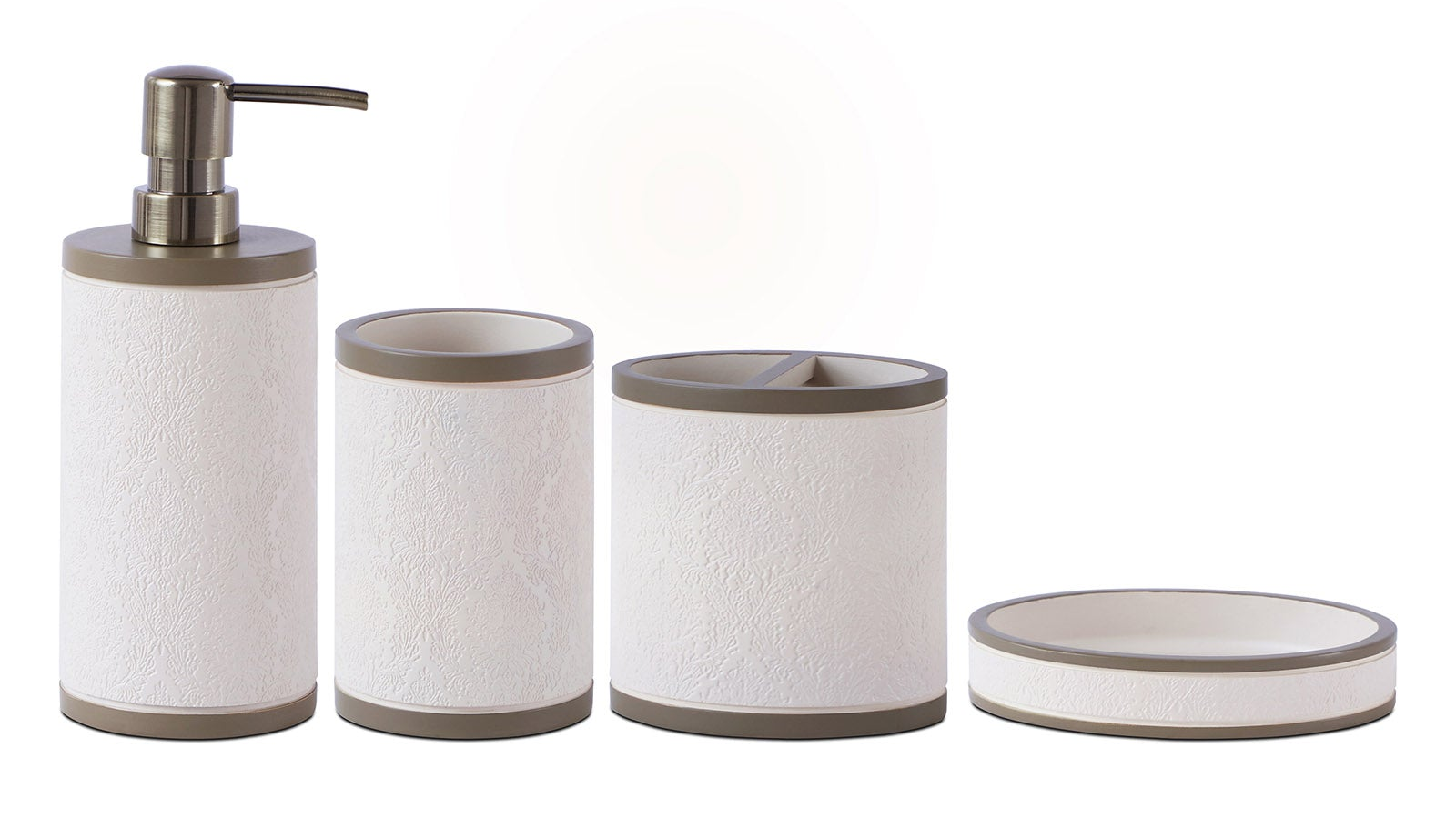 Obsessions Alvina Polyresin 4-piece bathroom set in Beige with soap dispenser, toothbrush holder, tumbler, and soap dish
