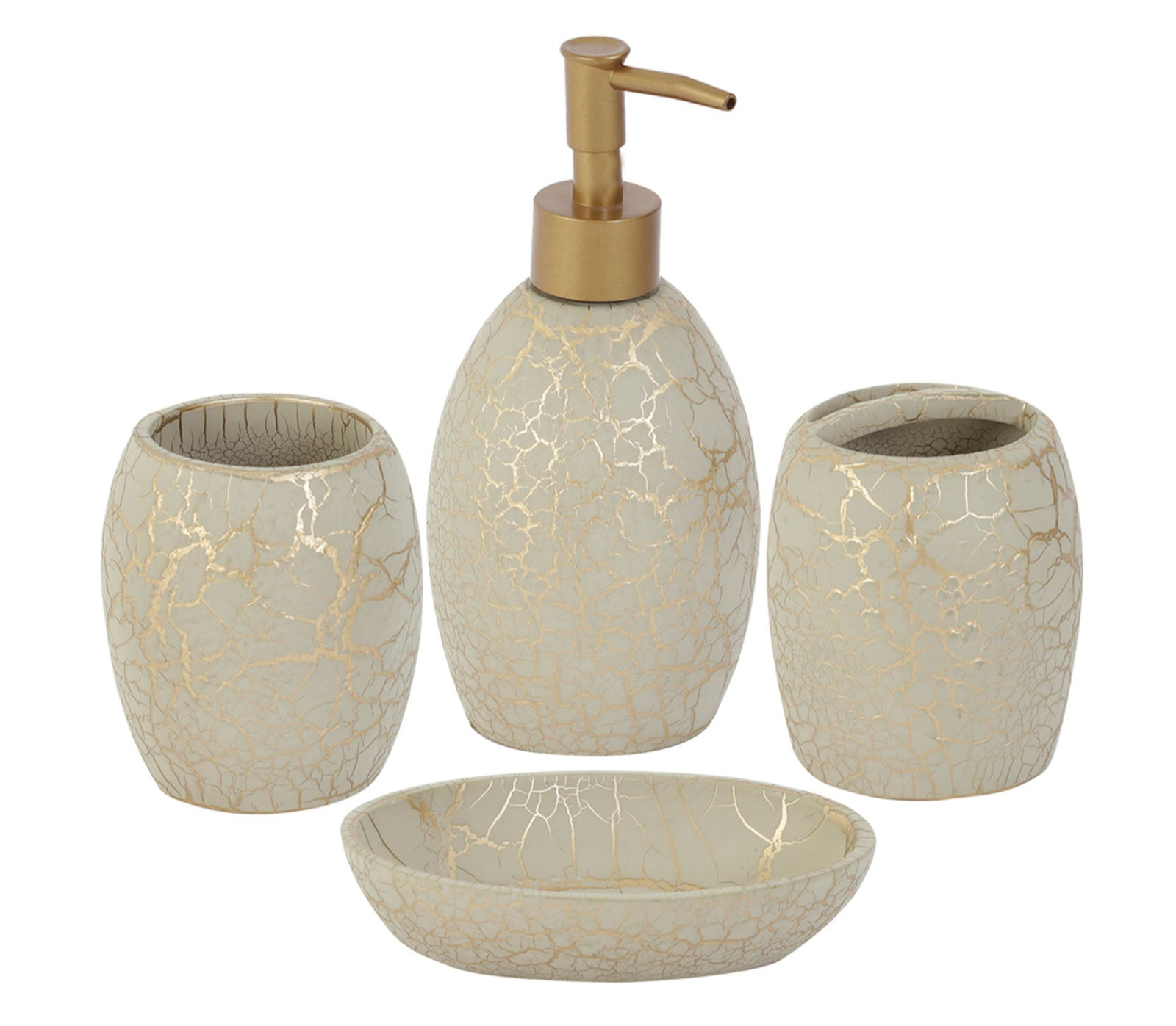 Obsessions Alvina Polyresin 4-piece bathroom set in Beige and Gold with soap dispenser, toothbrush holder, tumbler, and soap dish