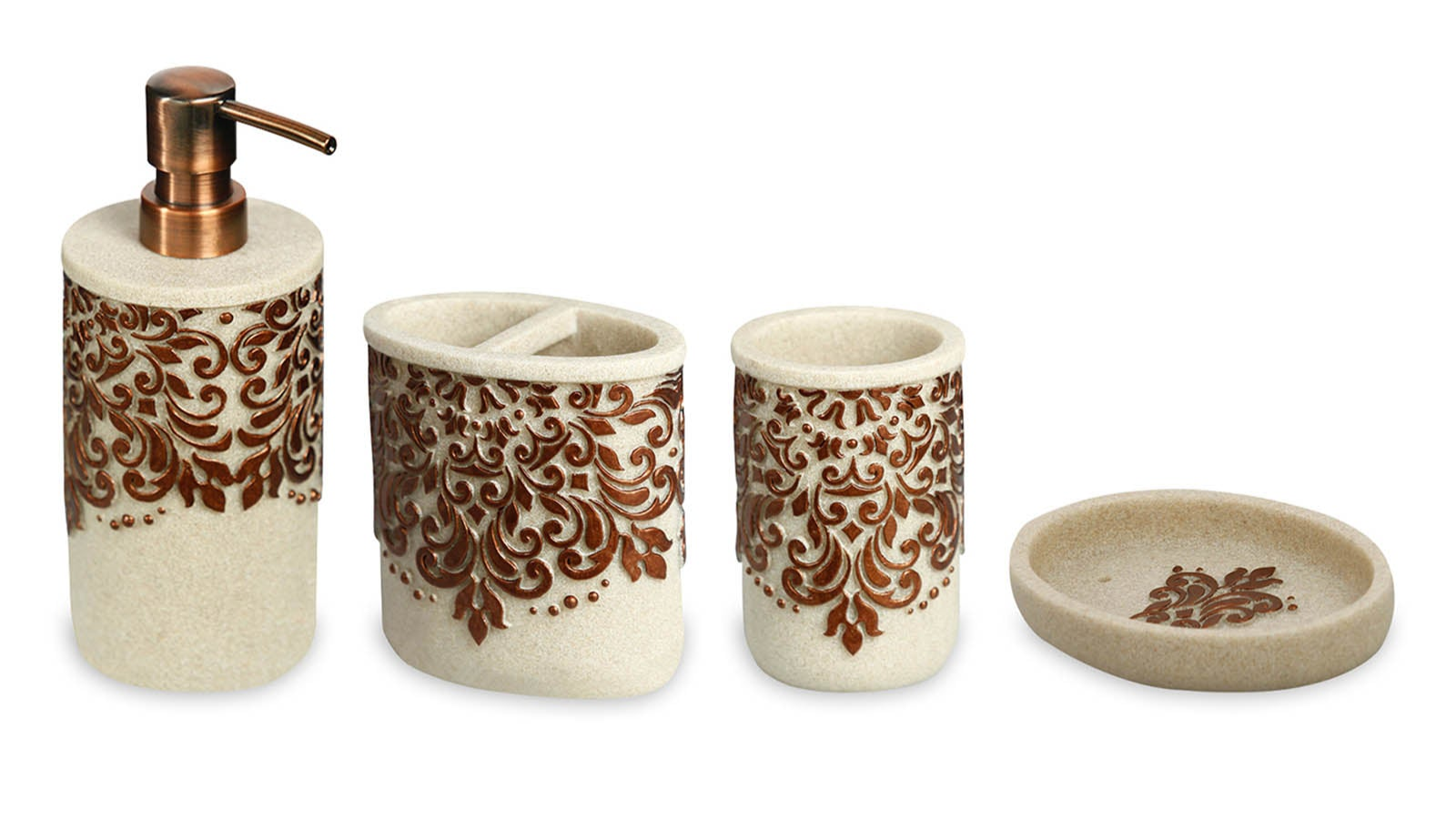 Obsessions Alvina Polyresin 4-piece bathroom set in Brown with soap dispenser, toothbrush holder, tumbler, and soap dish