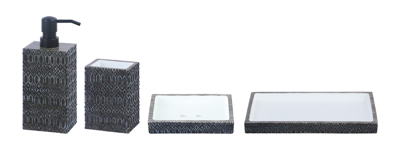 Obsessions Alvina Polyresin 4-piece bathroom set in Charcoal with soap dispenser, toothbrush holder, tumbler, and soap dish
