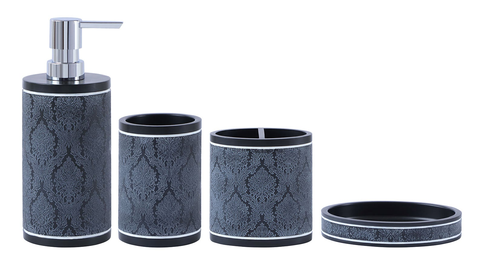 Obsessions Alvina Polyresin 4-piece bathroom set in Dark Grey with soap dispenser, toothbrush holder, tumbler, and soap dish