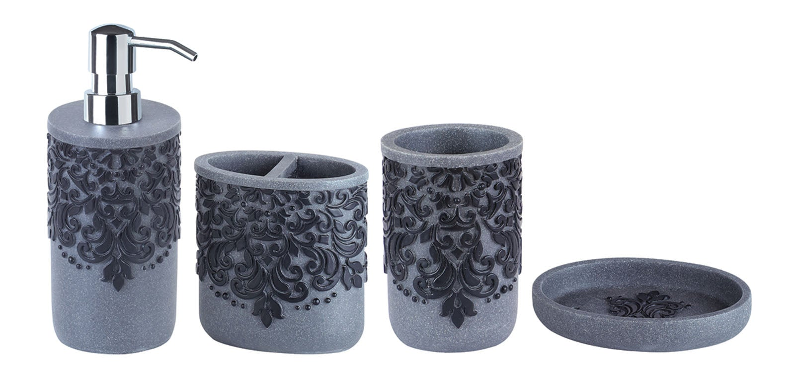 Obsessions Alvina Polyresin 4-piece bathroom set in Grey and Black with soap dispenser, toothbrush holder, tumbler, and soap dish