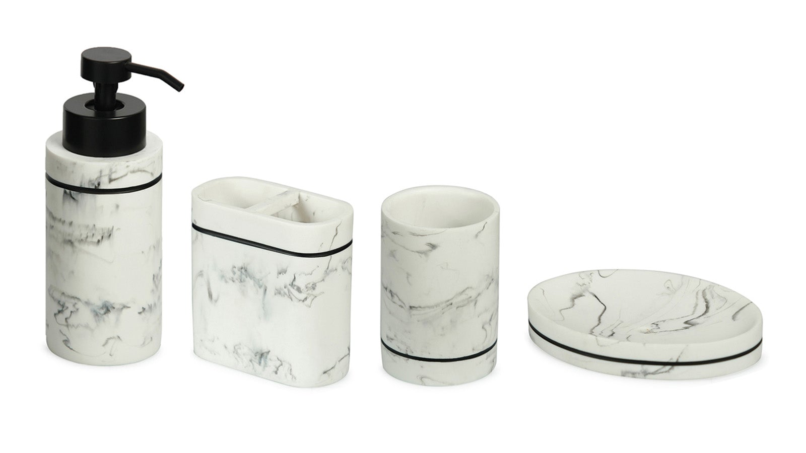 Obsessions Alvina Polyresin 4-piece bathroom set in Marble finish with soap dispenser, toothbrush holder, tumbler, and soap dish