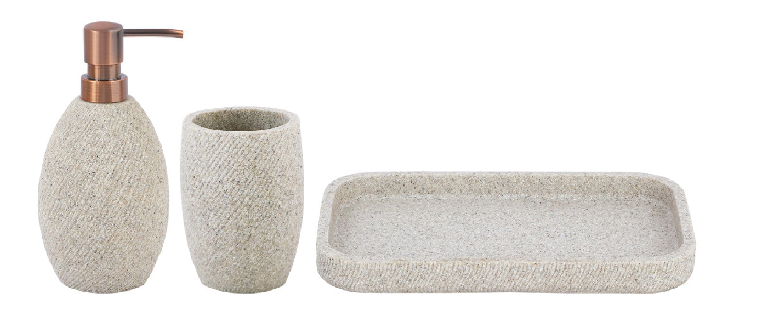 Obsessions Vibe Polyresin 3-piece bathroom set in Sandstone with soap dispenser, toothbrush holder, and soap dish