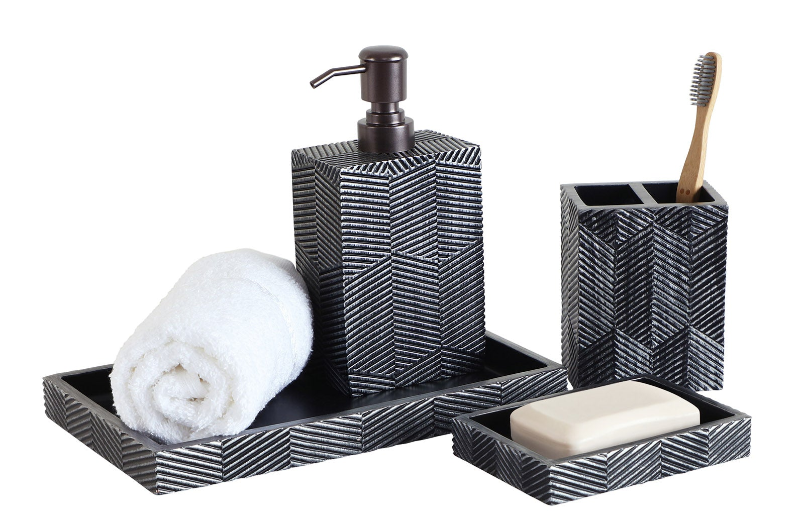 Obsessions Vibe Polyresin 4-piece bathroom set in Grey with soap dispenser, toothbrush holder, tumbler, and soap dish