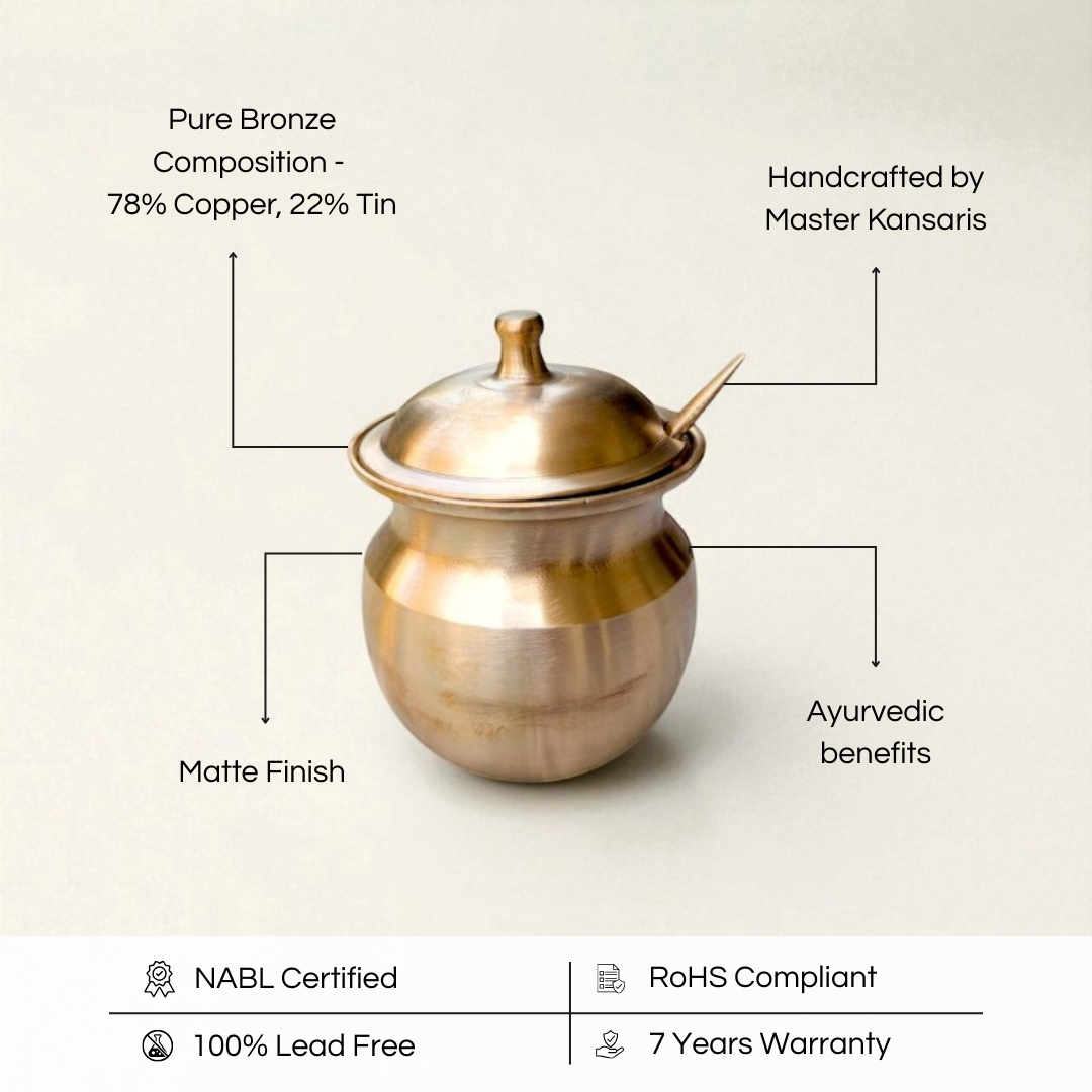 Kansa Oil / Ghee Loti with Lid & Spoon, Matte finish, 300 ml