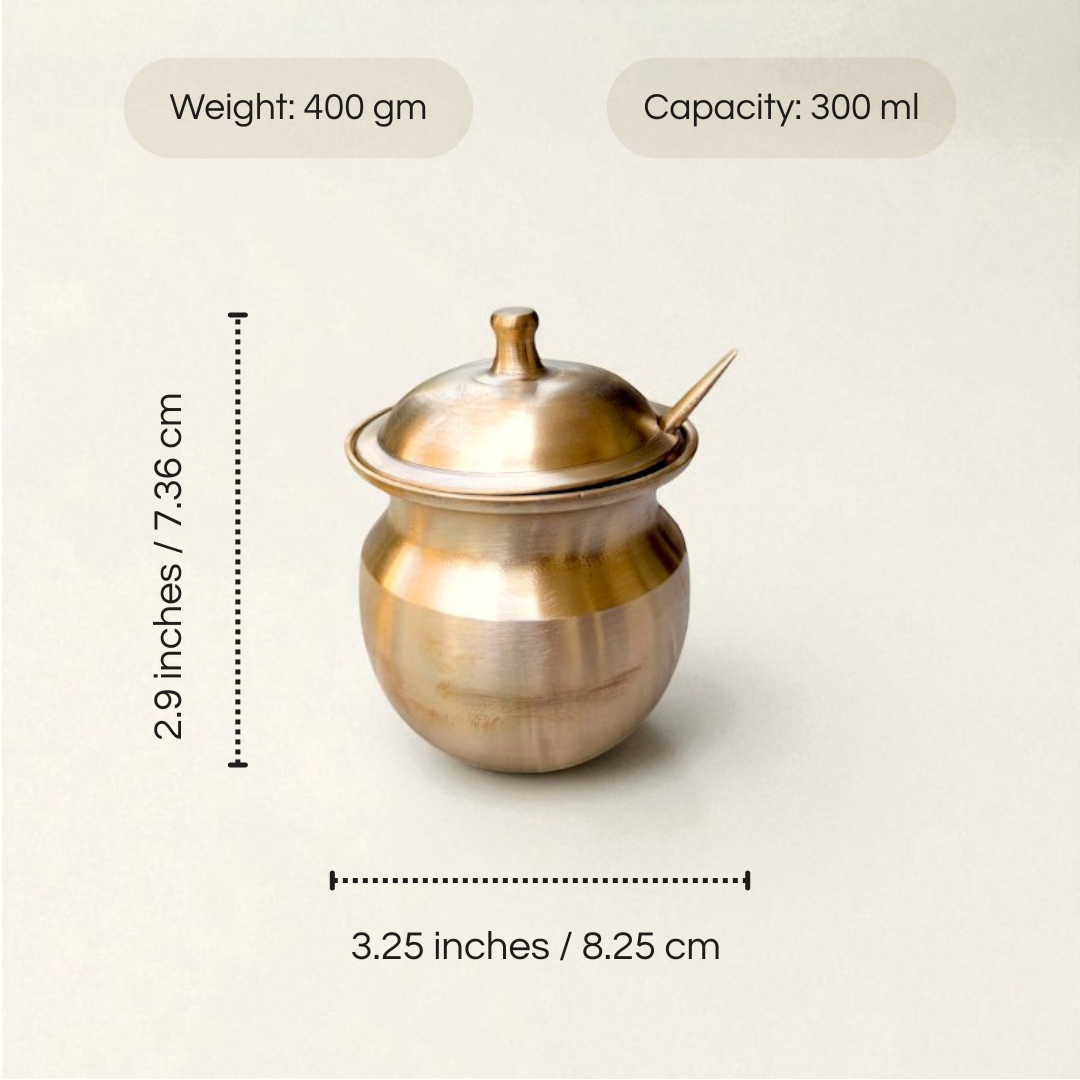 Kansa Oil / Ghee Loti with Lid & Spoon, Matte finish, 300 ml