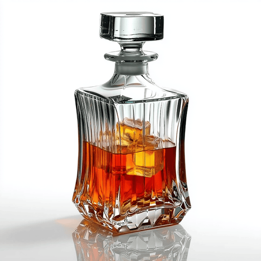 RCR Adagio Crystal Glass Whiskey Decanter Bottle, 850ml partially filled with whiskey with a white background