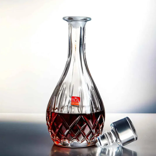 RCR Adagio round whiskey decanter with a crystal design, perfect for serving whiskey or spirits