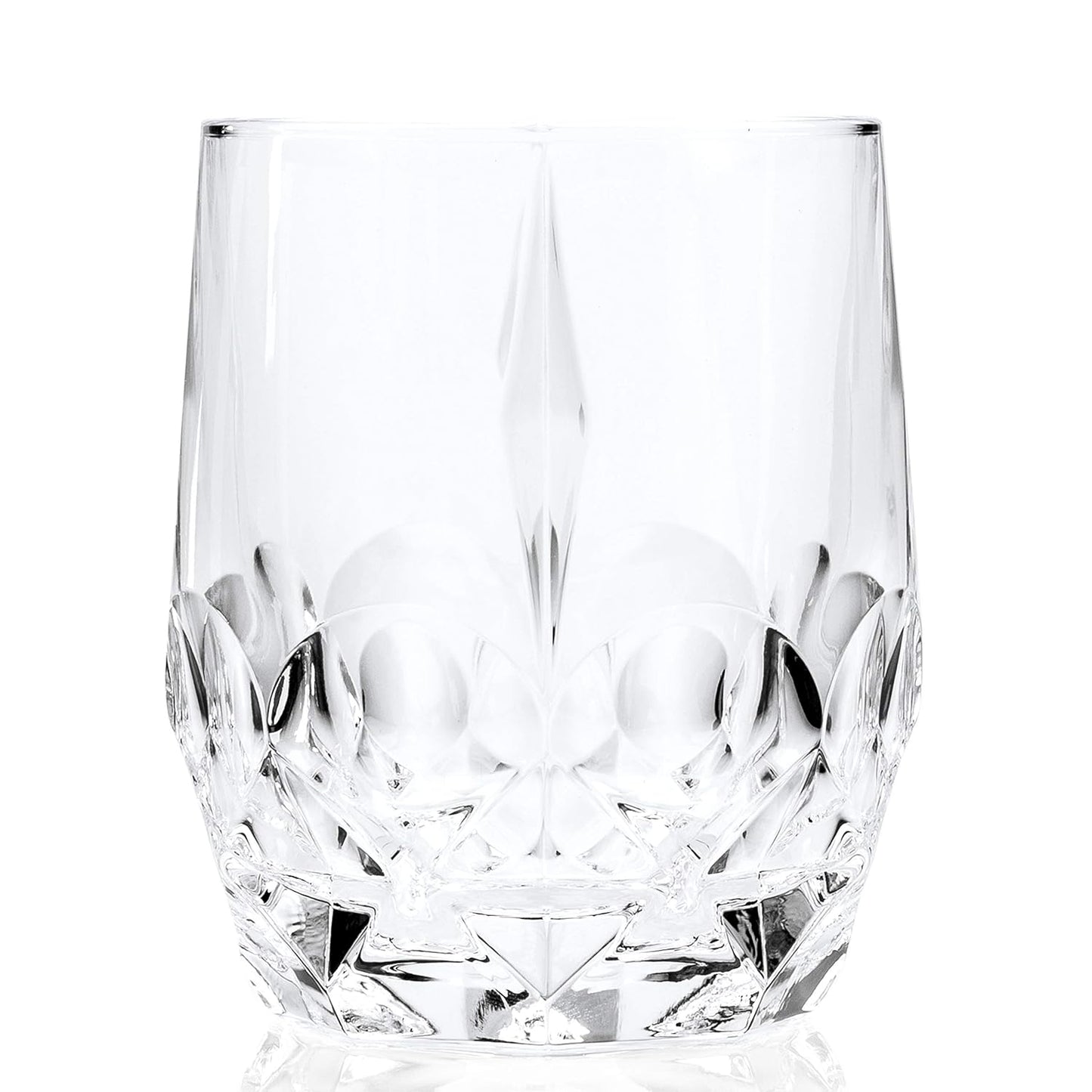 Single RCR Alkemist DOF crystal whiskey glass, 346ml, empty on white, highlighting its unique base