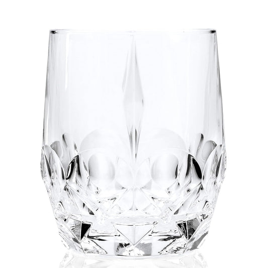 Single RCR Alkemist DOF crystal whiskey glass, 346ml, empty on white, highlighting its unique base