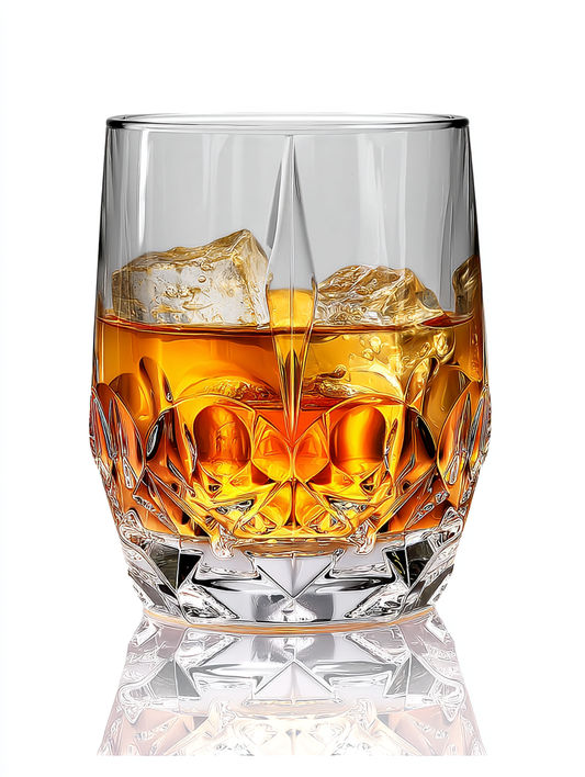 RCR Alkemist DOF crystal whiskey glasses, 346ml, with amber liquid and ice, showing faceted design