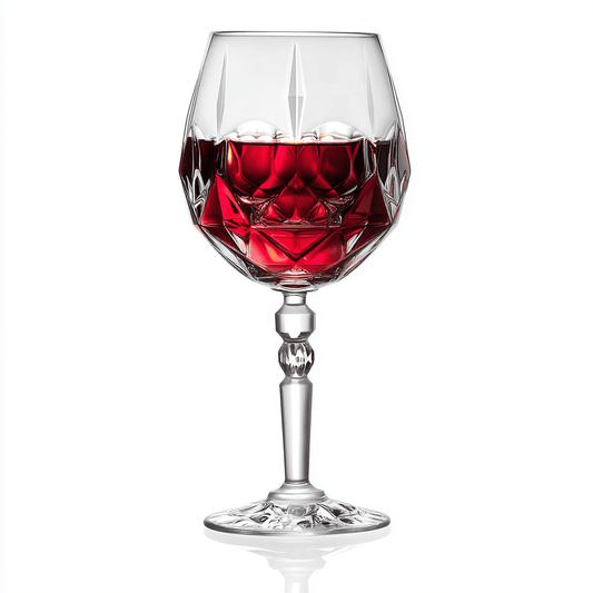 RCR Alkemist Red Wine Glasses, 530ml, filled with red wine, showcasing intricate crystal design for set of 6.