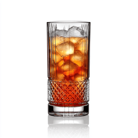 RCR Brillante Highball Tumbler Glass, 370ml, Set of 6 with white background on a shiny surface