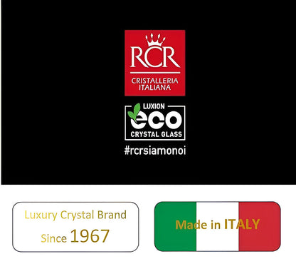 RCR Etna DOF Whiskey Glasses displayed with RCR Cristalleria Italiana luxury branding and eco-friendly features