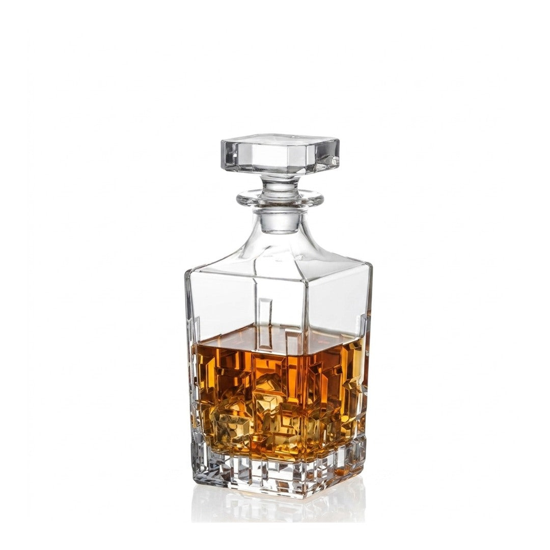 RCR Etna Crystal Glass Whiskey Decanter Bottle, 810ml filled with whiskey, on white background