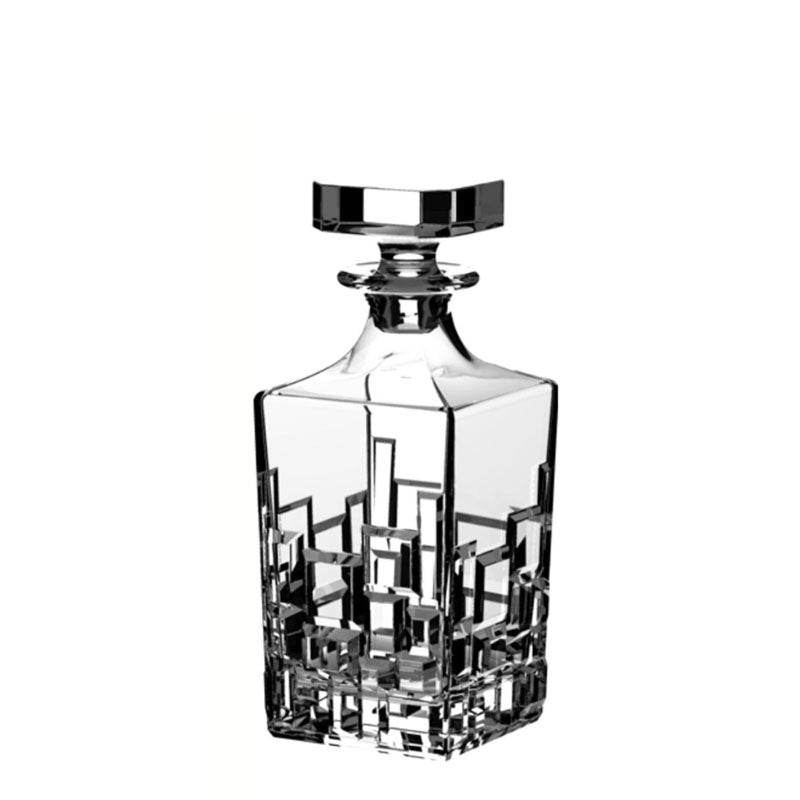 Single RCR Etna Whiskey Decanter Bottle, 810ml, empty clear crystal with geometric engraved design, on a white background