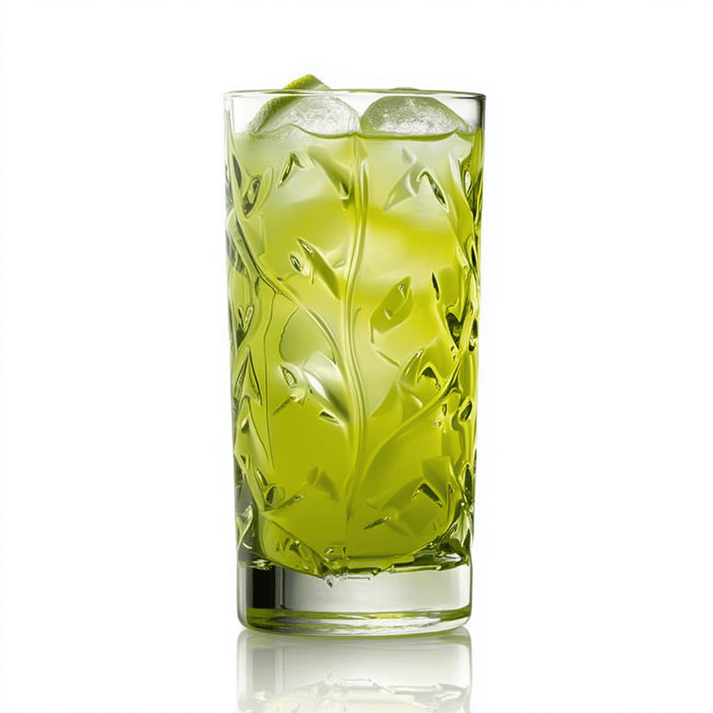 RCR Laurus Highball Tumbler Glass, 360ml, Set of 6 with green cocktail and a white background