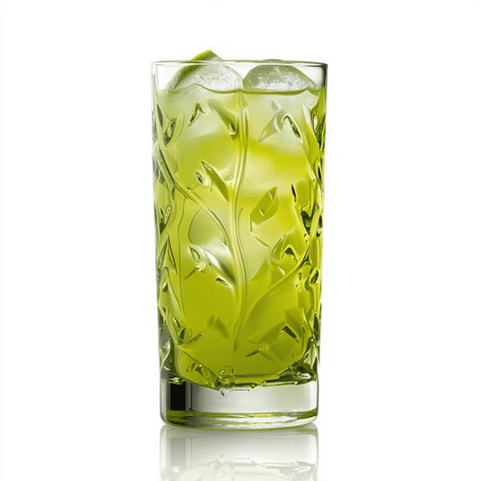 RCR Laurus Highball Tumbler Glass, 360ml, Set of 6 with green cocktail and a white background