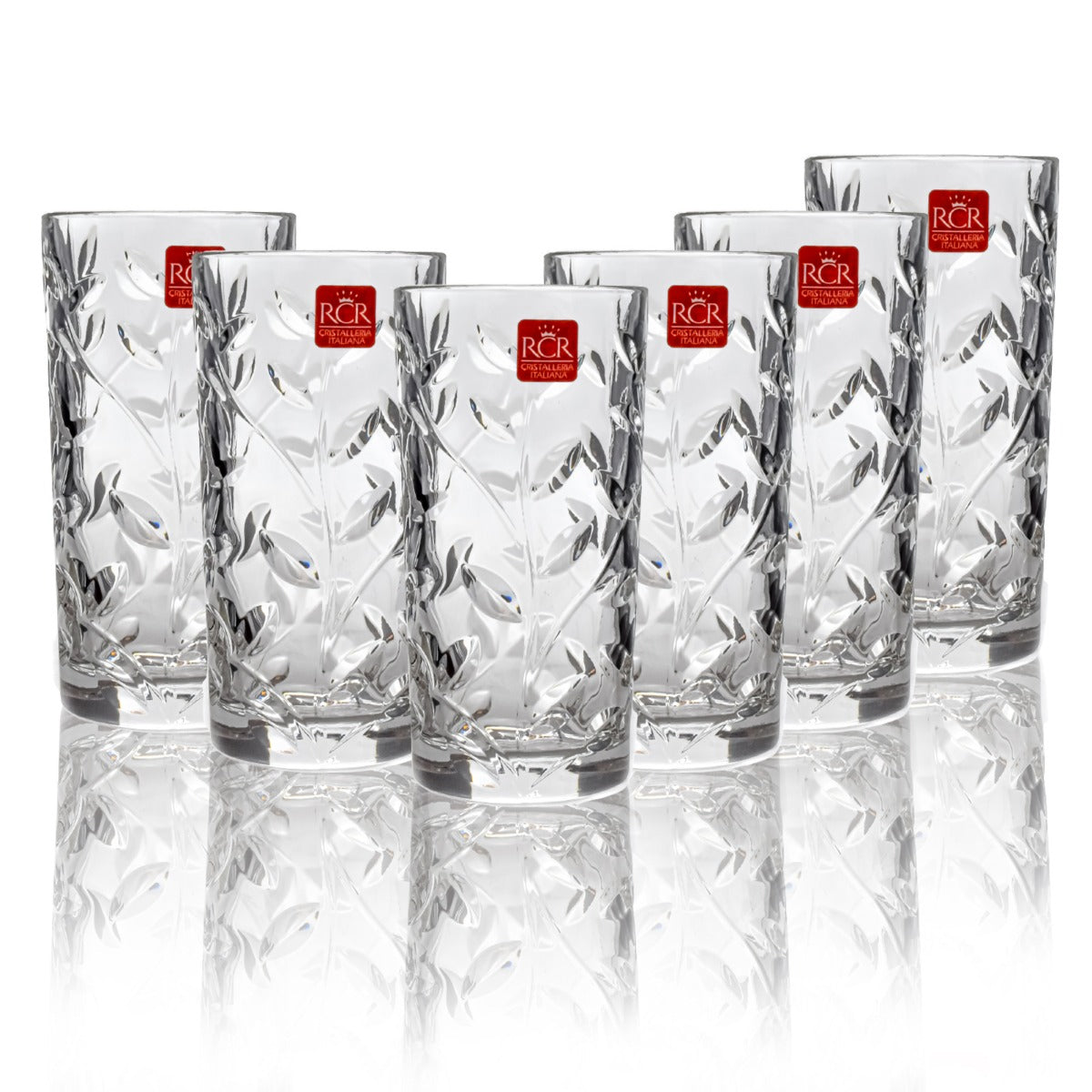 RCR Laurus cocktail glass set featuring six beautifully crafted crystal glasses with a leaf design