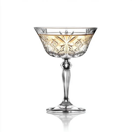 RCR Melodia Champagne Coupe Glasses, 260ml crystal, filled with sparkling wine, part of set of 6