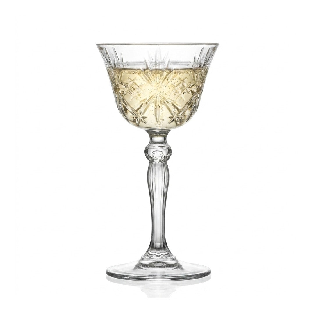 RCR Melodia Coupette Glass, 160ml, elegant crystal coupe filled with champagne, on white. Part of a set of 6