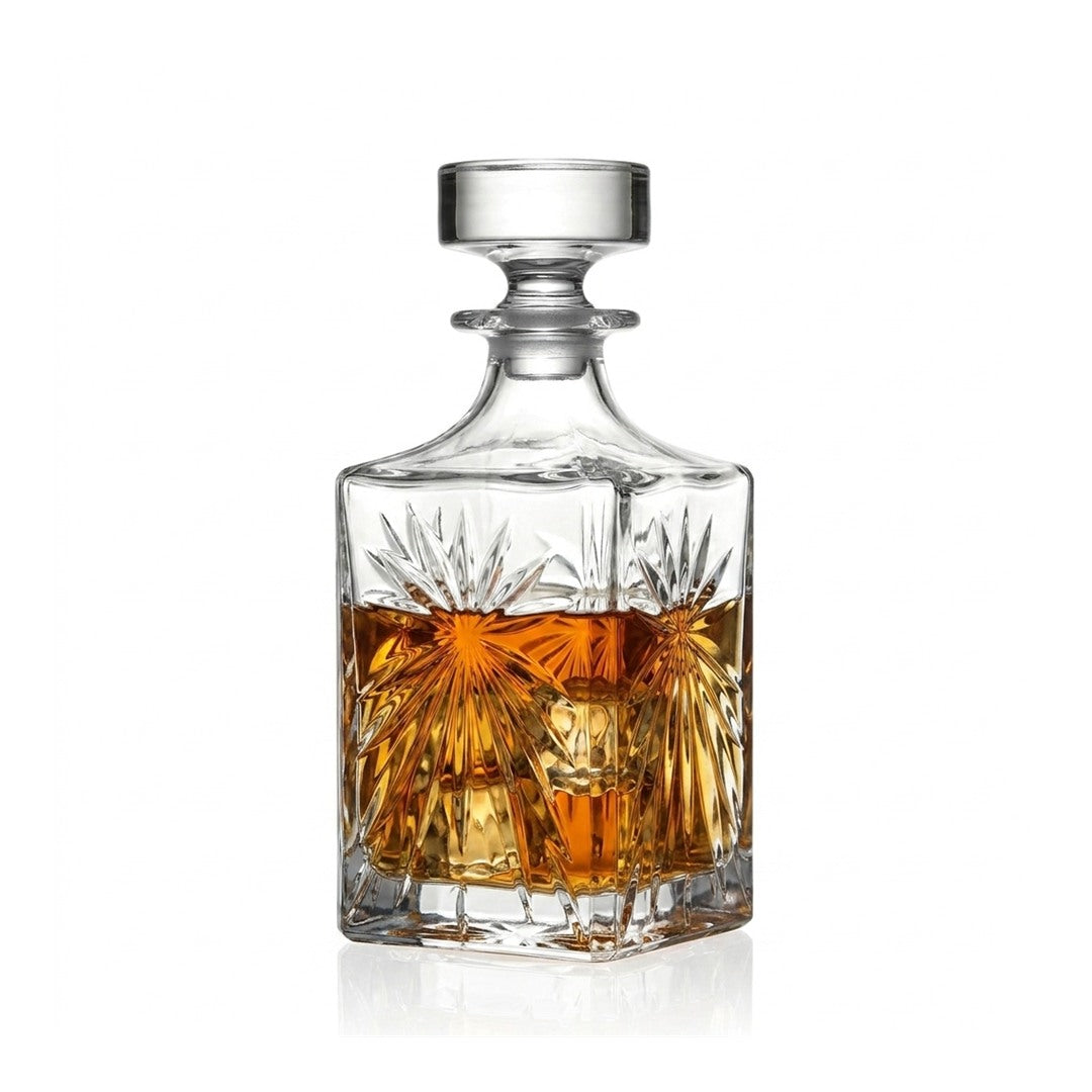 RCR Oasis Crystal Glass Whiskey Decanter Bottle, 850ml filled with whiskey, on white background